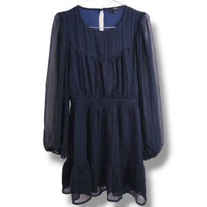 Lulus Womens Dress Sz Medium Charmer Navy Striped Ruffle Mini Sheer Long Sleeves